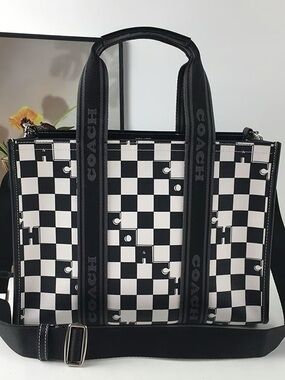 Coach Black & White Checkerboard Tote with Logo Straps